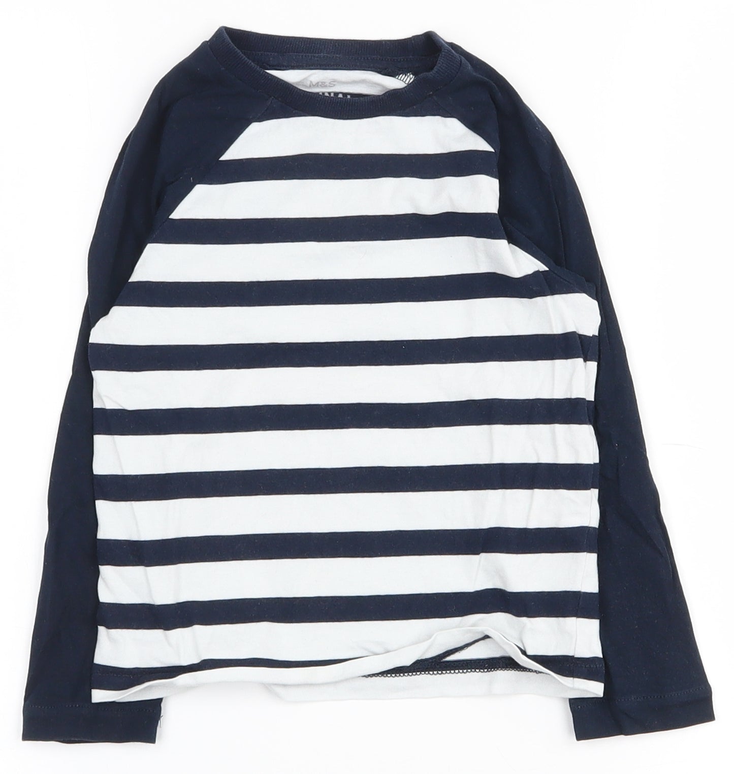 Marks and Spencer Boys Blue Striped Cotton Pullover T-Shirt Size 3-4 Years Crew Neck Pullover