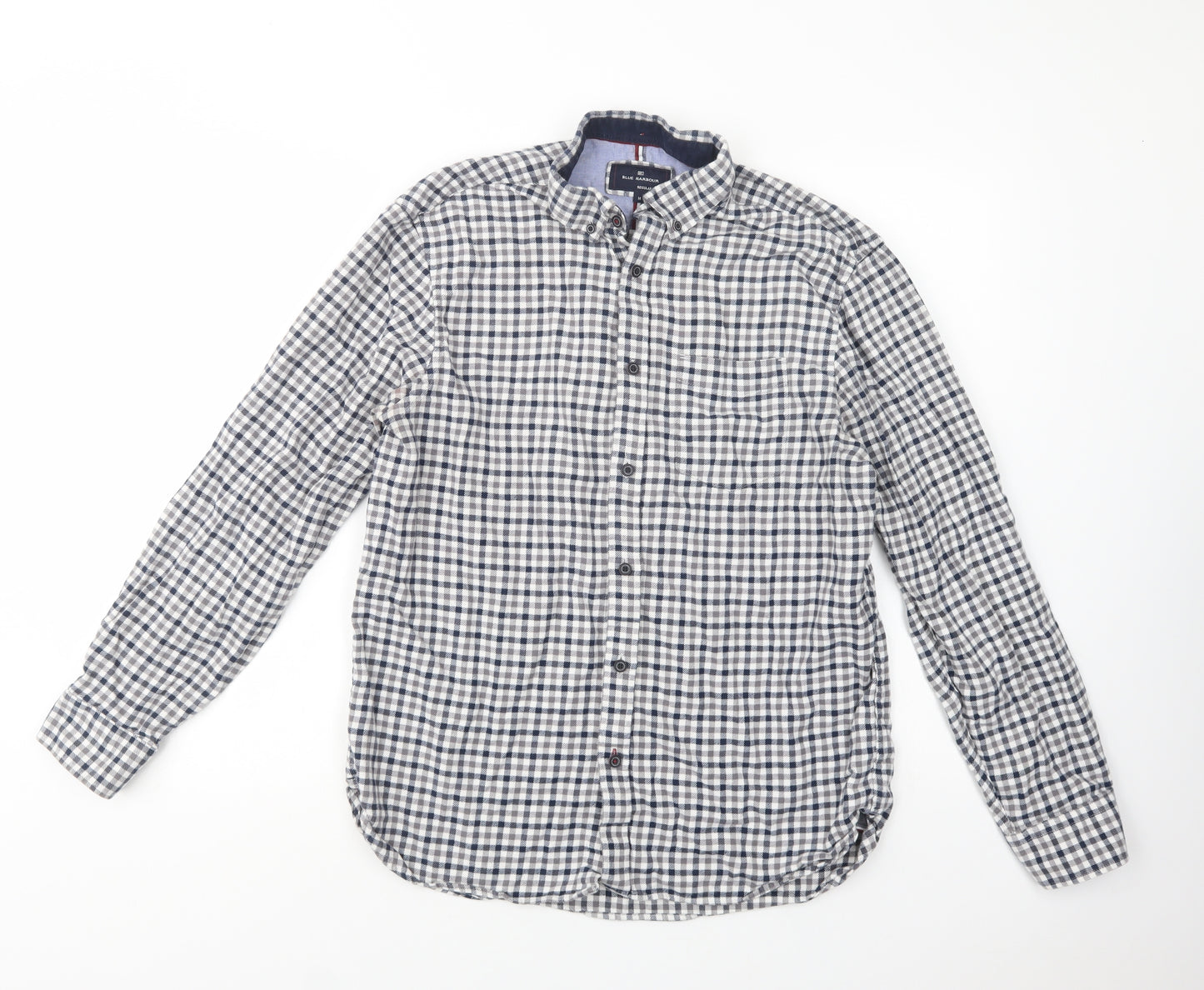 Blue Harbour Mens Grey Check Cotton  Button-Up Size M Collared Button