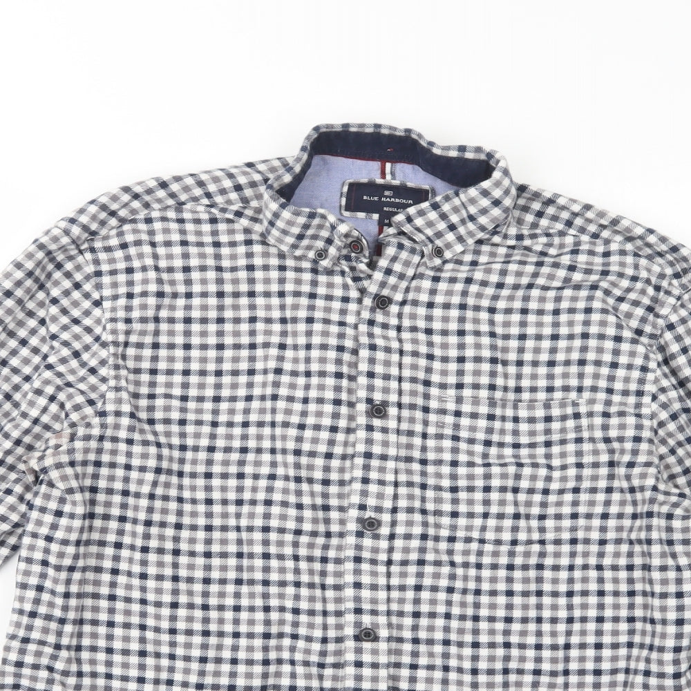 Blue Harbour Mens Grey Check Cotton  Button-Up Size M Collared Button