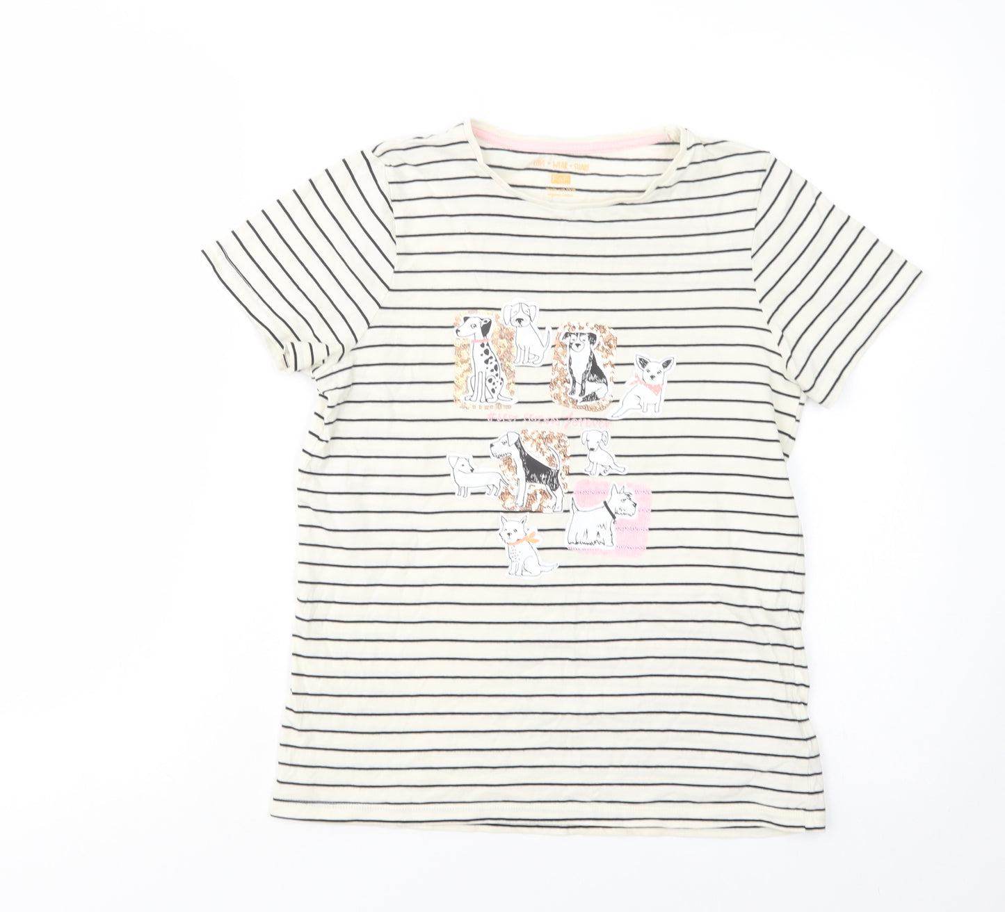 F&F Girls Ivory Striped Cotton Pullover T-Shirt Size 12-13 Years Crew Neck Pullover - Dogs