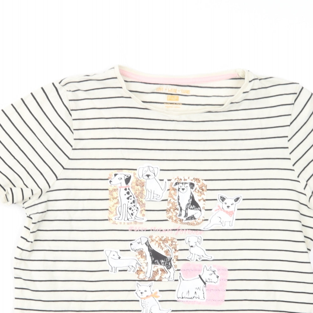 F&F Girls Ivory Striped Cotton Pullover T-Shirt Size 12-13 Years Crew Neck Pullover - Dogs