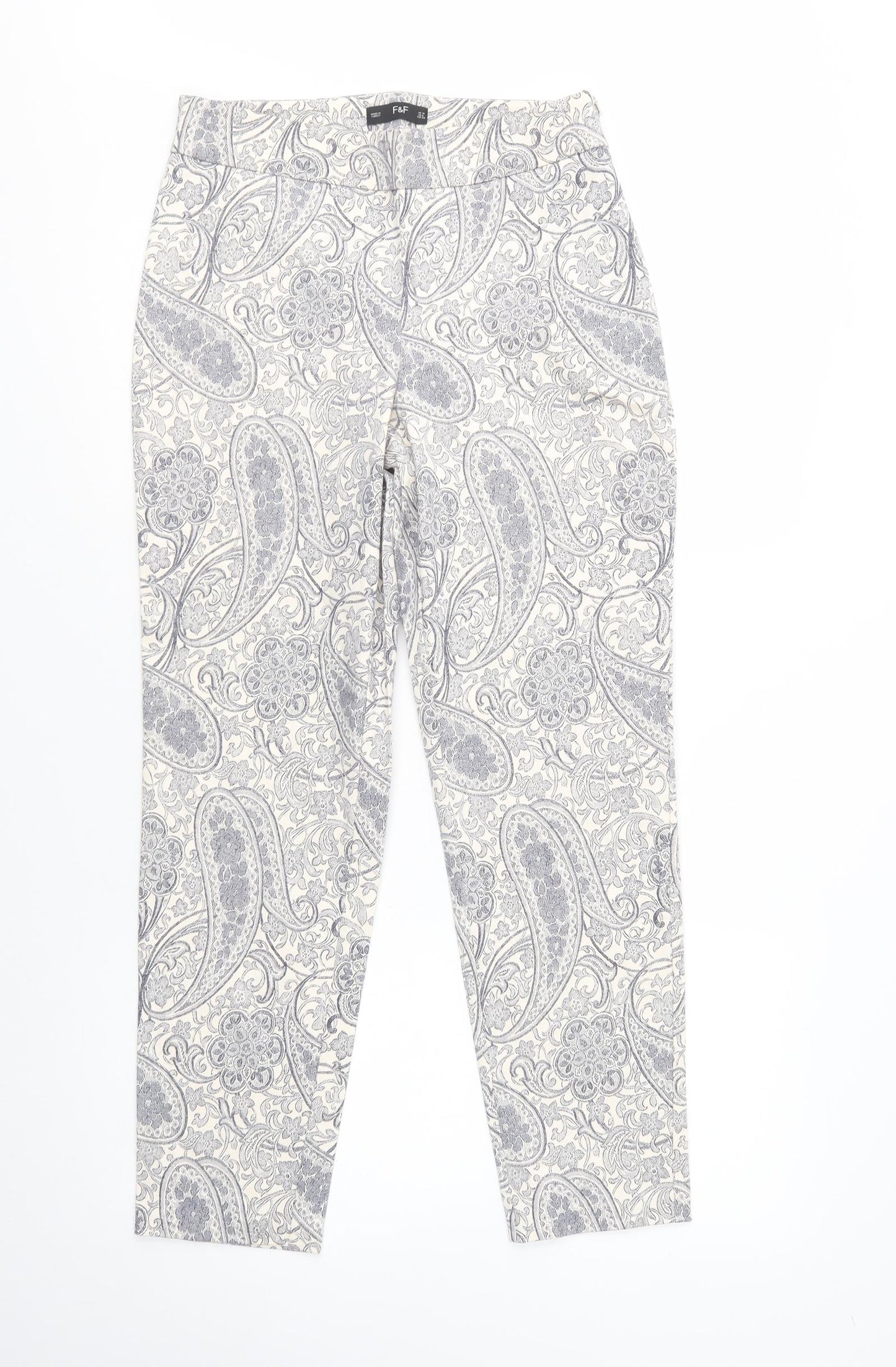 F&F Womens White Paisley Cotton Trousers  Size 10 L28 in Regular Zip