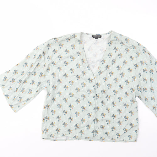 Topshop Womens Green Floral Viscose Basic Button-Up Size 10 V-Neck