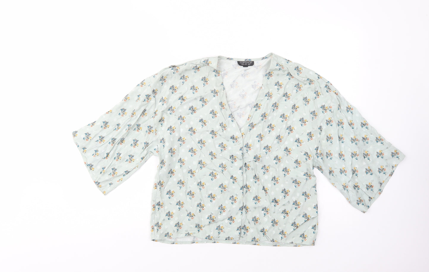 Topshop Womens Green Floral Viscose Basic Button-Up Size 10 V-Neck