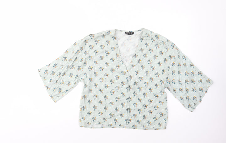 Topshop Womens Green Floral Viscose Basic Button-Up Size 10 V-Neck