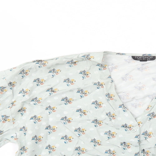 Topshop Womens Green Floral Viscose Basic Button-Up Size 10 V-Neck