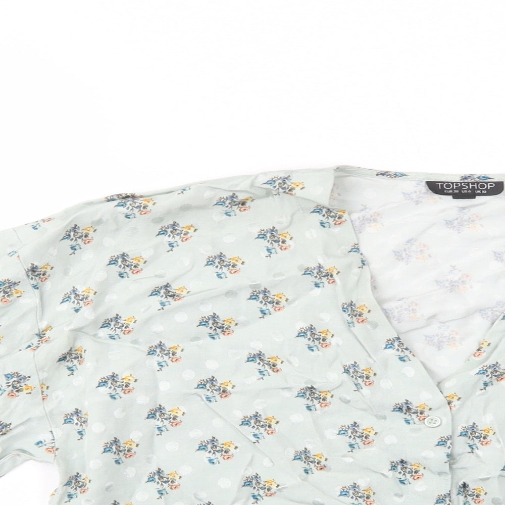 Topshop Womens Green Floral Viscose Basic Button-Up Size 10 V-Neck