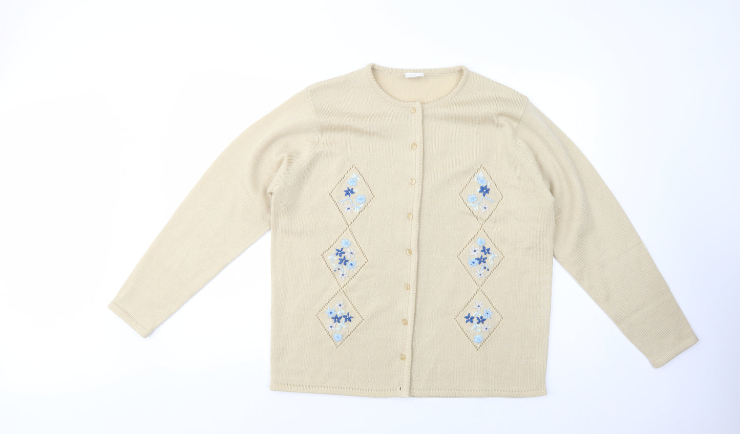 Classics Womens Beige Crew Neck Floral Acrylic Cardigan Jumper Size 16