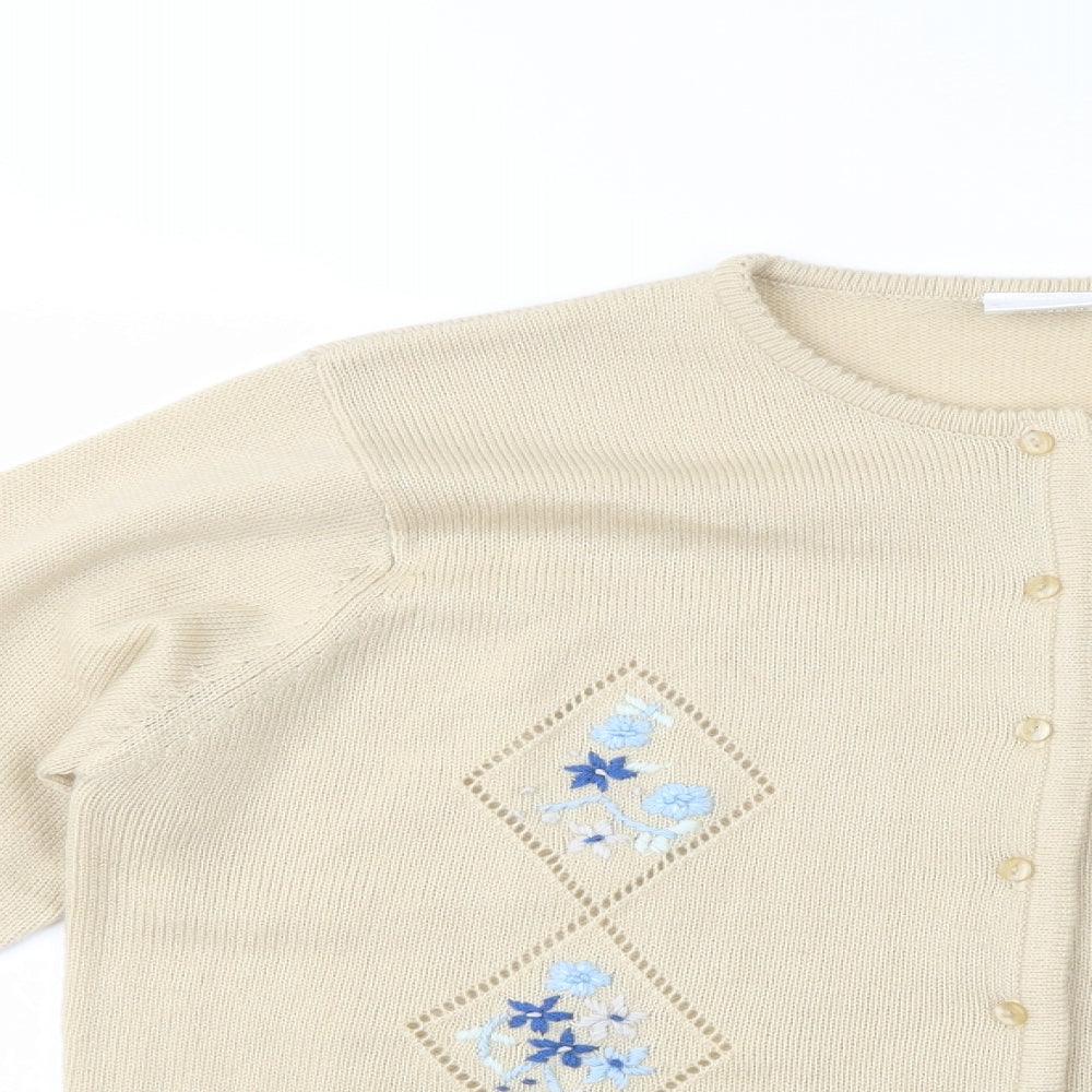 Classics Womens Beige Crew Neck Floral Acrylic Cardigan Jumper Size 16