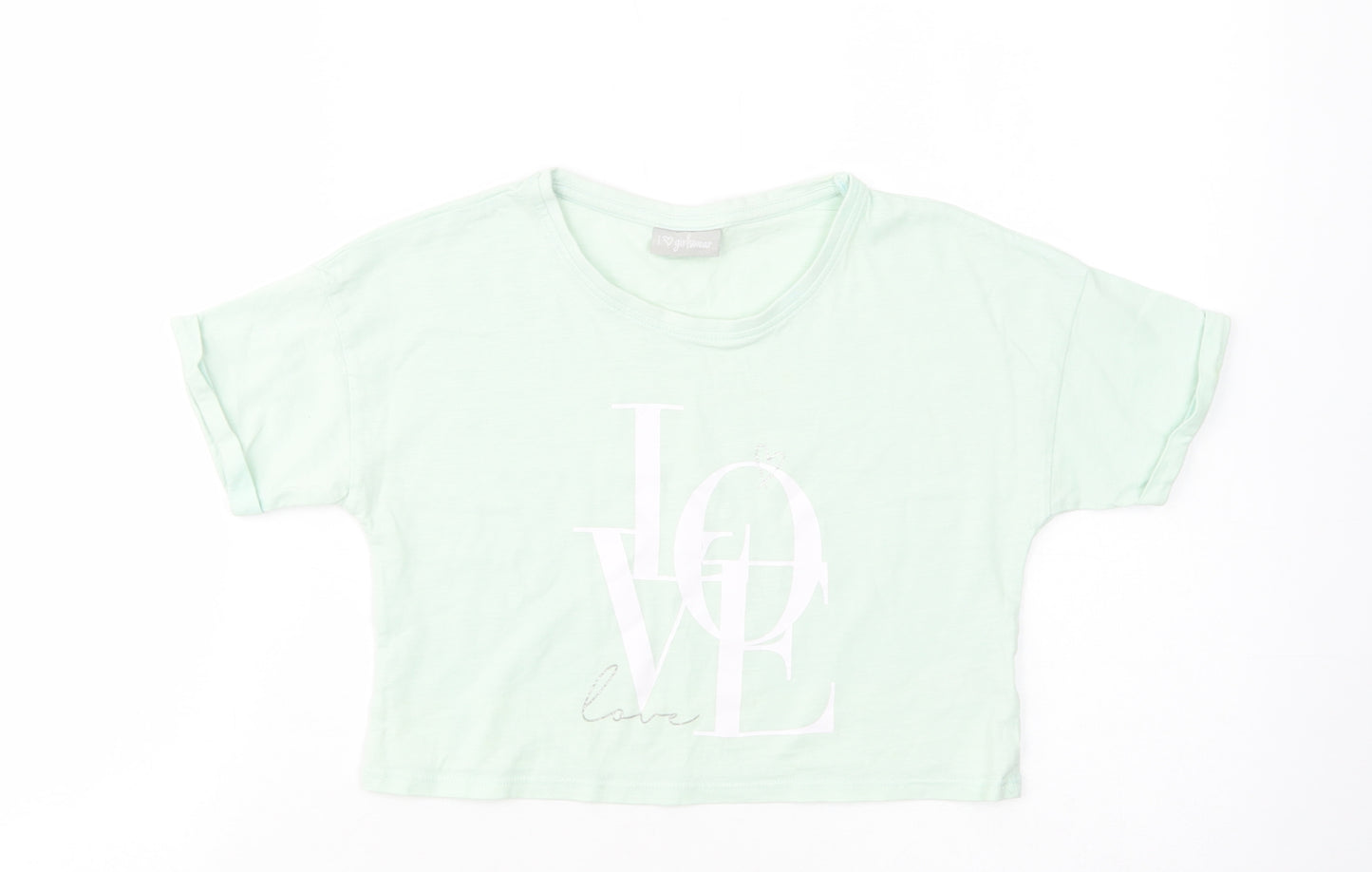 Matalan Girls Green  Cotton Cropped T-Shirt Size 11 Years Crew Neck Pullover - Love