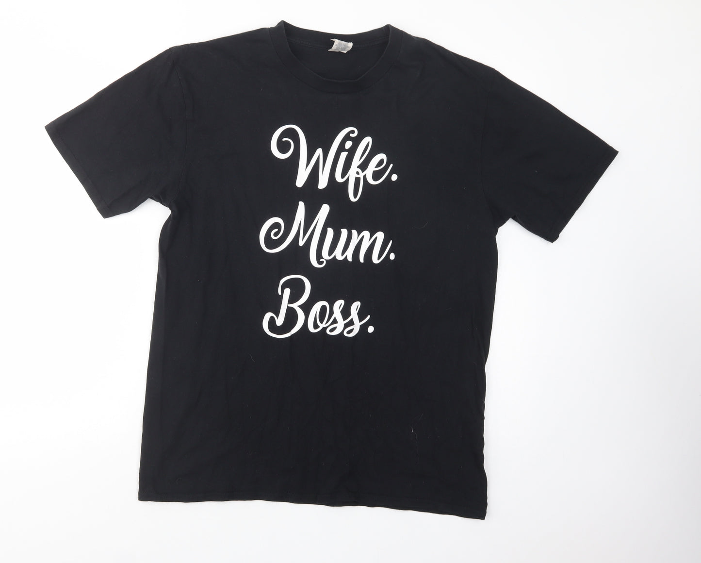 Gildan Womens Black  Cotton Basic T-Shirt Size L Crew Neck - Wife Mum Boss