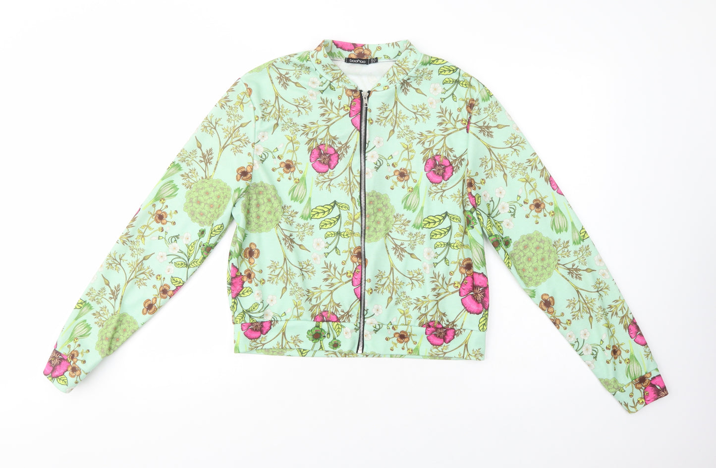 Boohoo Womens Green Floral Polyester Full Zip Sweatshirt Size 14  Zip