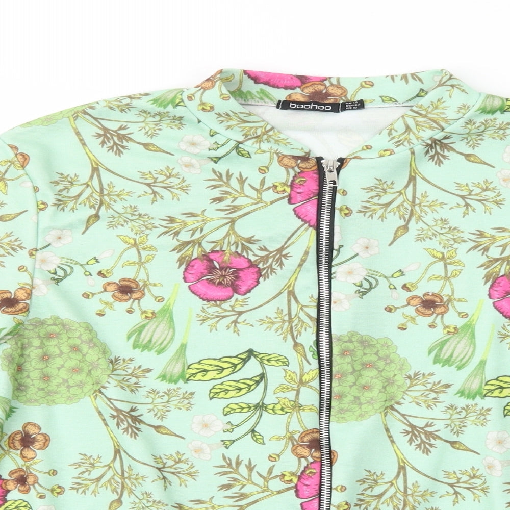 Boohoo Womens Green Floral Polyester Full Zip Sweatshirt Size 14  Zip
