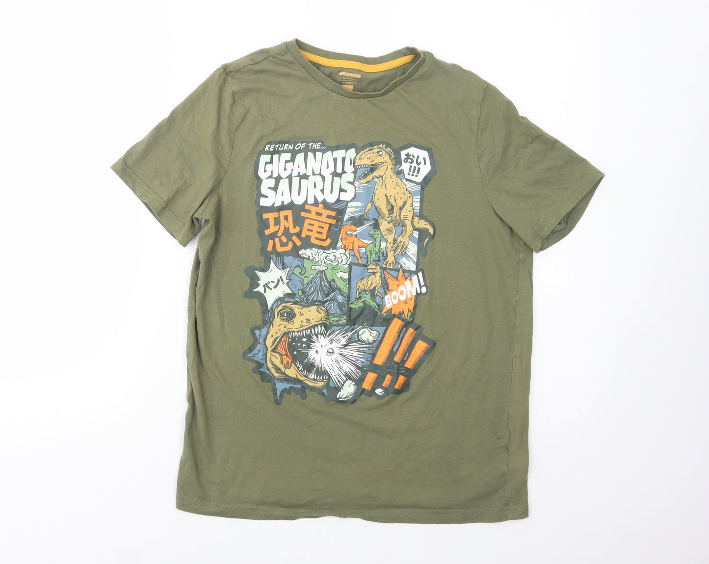 F&F Boys Green  Cotton Basic T-Shirt Size 13-14 Years Crew Neck Pullover - Dinosaur