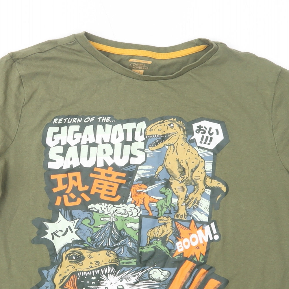 F&F Boys Green  Cotton Basic T-Shirt Size 13-14 Years Crew Neck Pullover - Dinosaur