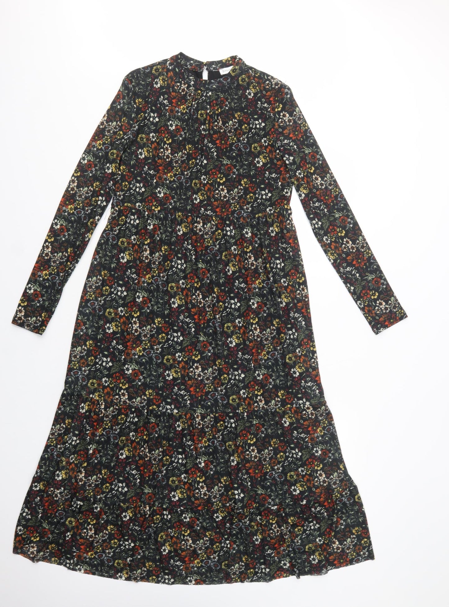 Warehouse Womens Black Floral Polyester Maxi  Size 10  Crew Neck Button