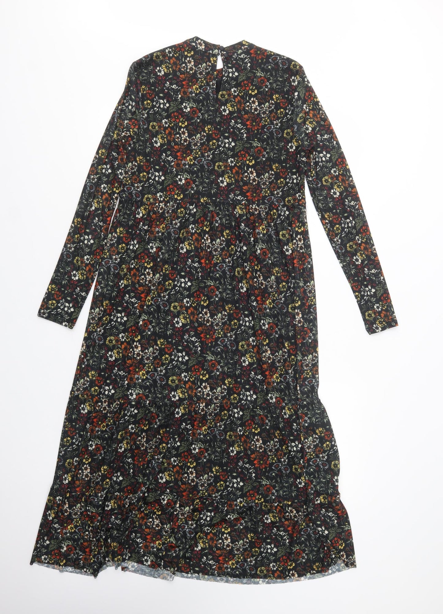 Warehouse Womens Black Floral Polyester Maxi  Size 10  Crew Neck Button