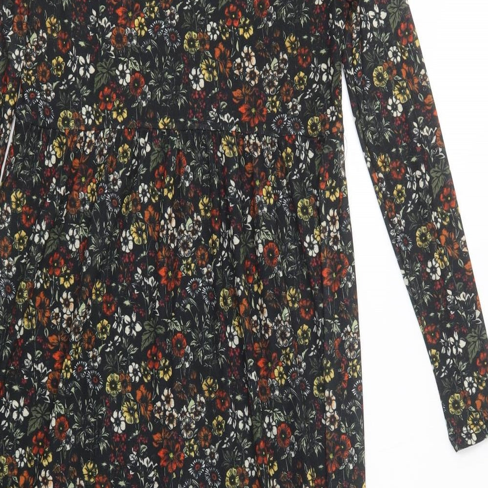 Warehouse Womens Black Floral Polyester Maxi  Size 10  Crew Neck Button