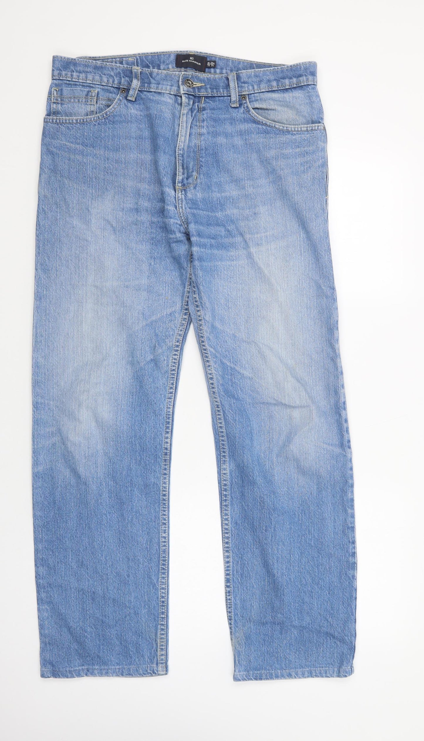 Blue Harbour Mens Blue  Cotton Straight Jeans Size 34 in L31 in Regular Button