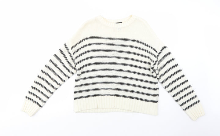 New Look Womens White Crew Neck Striped Acrylic Pullover Jumper Size S
