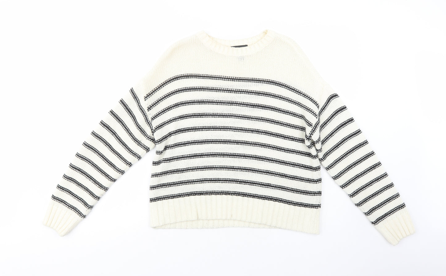 New Look Womens White Crew Neck Striped Acrylic Pullover Jumper Size S