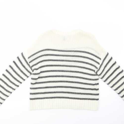 New Look Womens White Crew Neck Striped Acrylic Pullover Jumper Size S