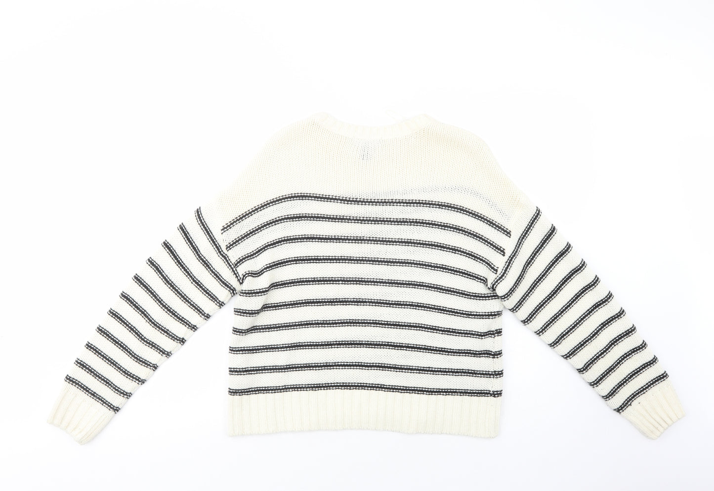 New Look Womens White Crew Neck Striped Acrylic Pullover Jumper Size S