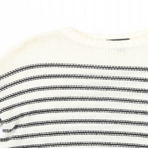 New Look Womens White Crew Neck Striped Acrylic Pullover Jumper Size S