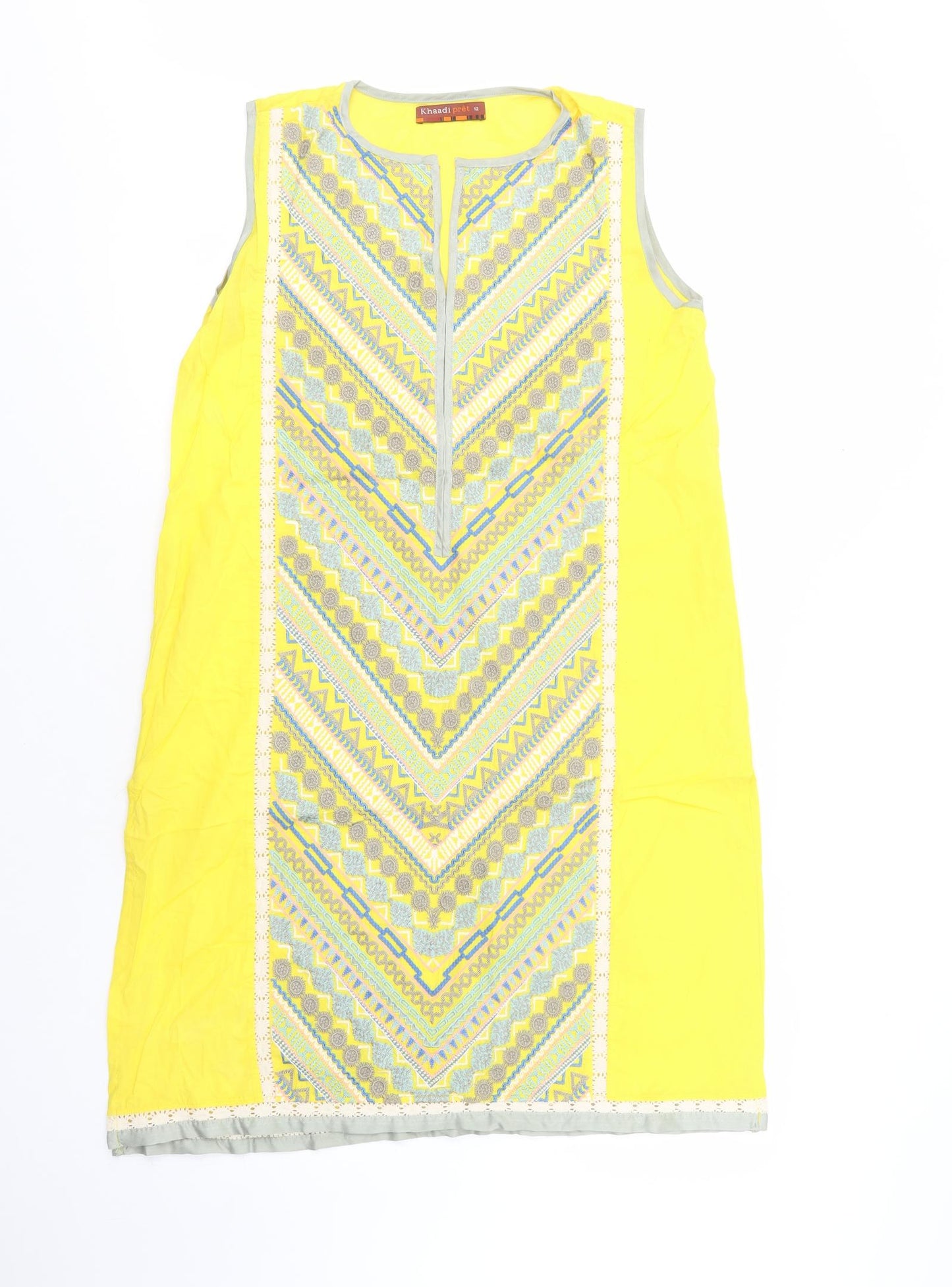 Khaadi Pret Womens Yellow Geometric Cotton Kaftan  Size 12  V-Neck Pullover