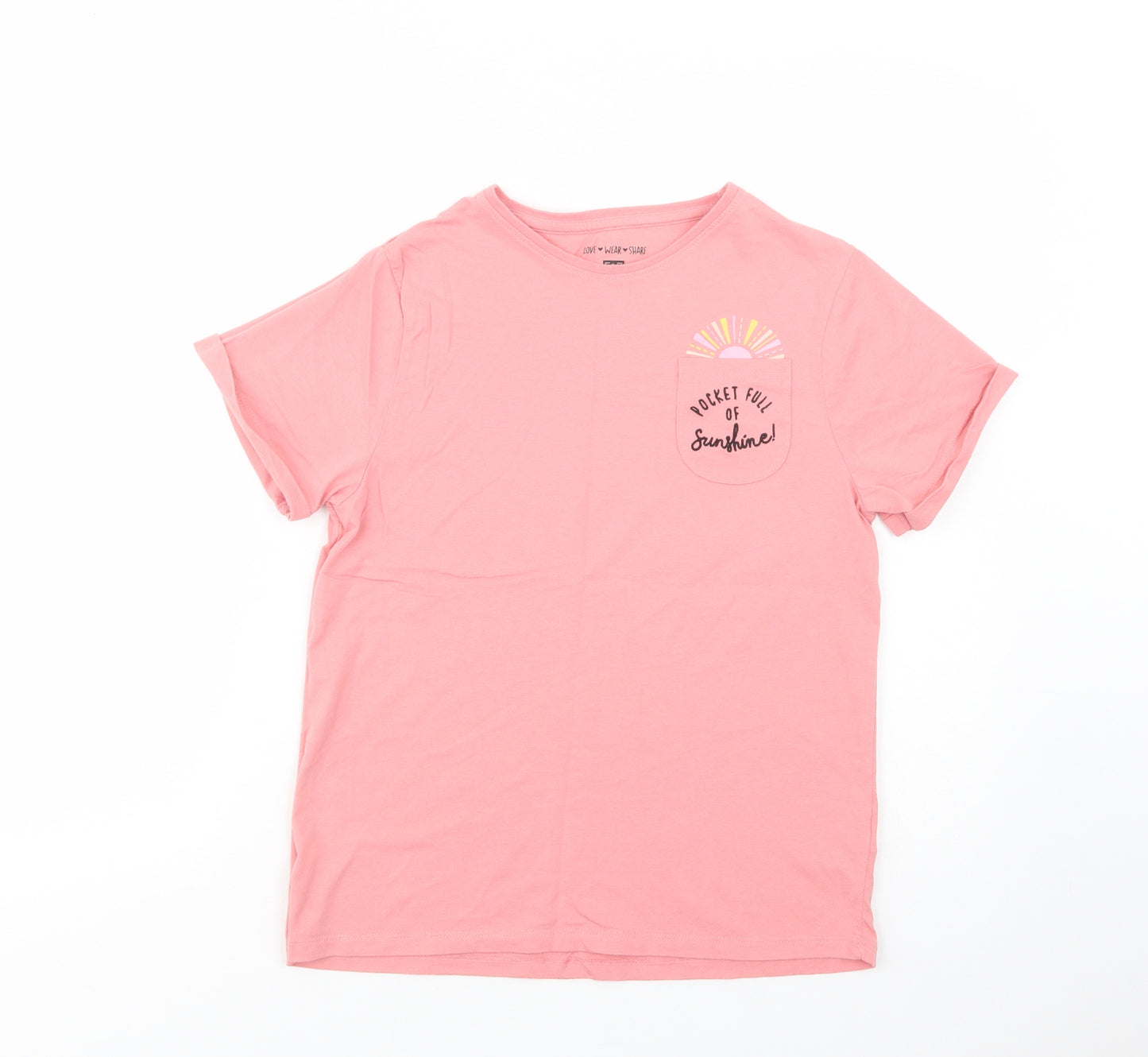 F&F Girls Pink  Cotton Basic T-Shirt Size 13-14 Years Crew Neck Pullover - Sunshine
