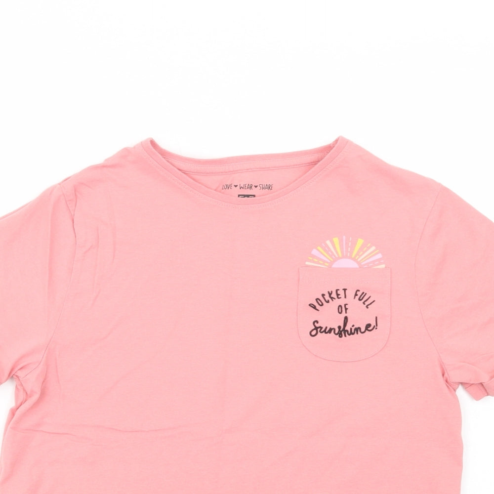 F&F Girls Pink  Cotton Basic T-Shirt Size 13-14 Years Crew Neck Pullover - Sunshine