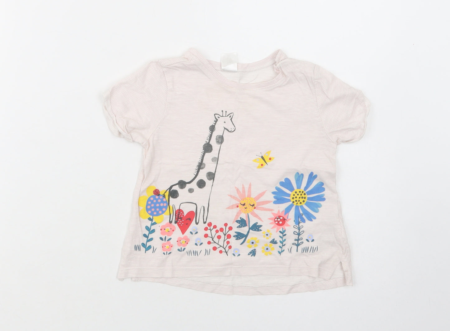 H&M Baby Pink Striped Cotton Pullover T-Shirt Size 12-18 Months Crew Neck Pullover - Giraffe And Flowers