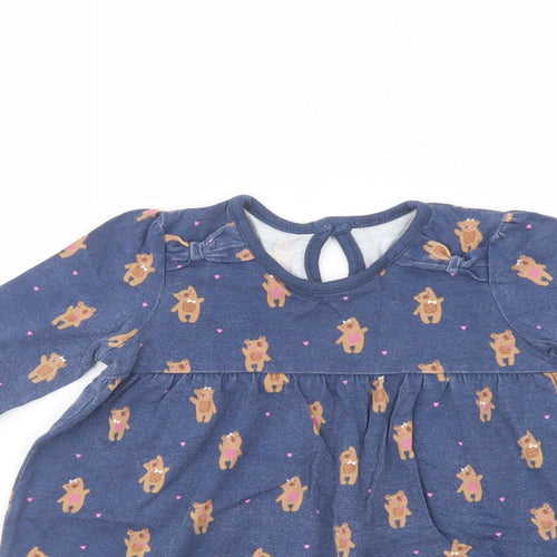 George Baby Blue Geometric Cotton A-Line  Size 12-18 Months  Crew Neck Button - Teddy Bear Print