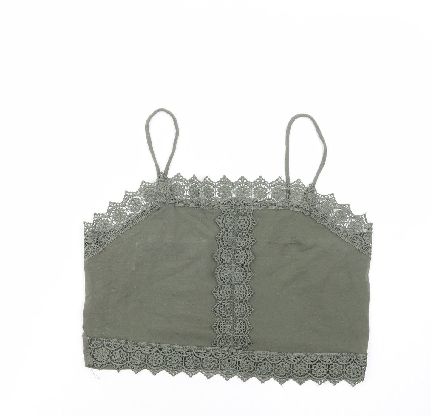Primark Womens Green  Cotton Cropped Tank Size 12 Square Neck - Lace Detail