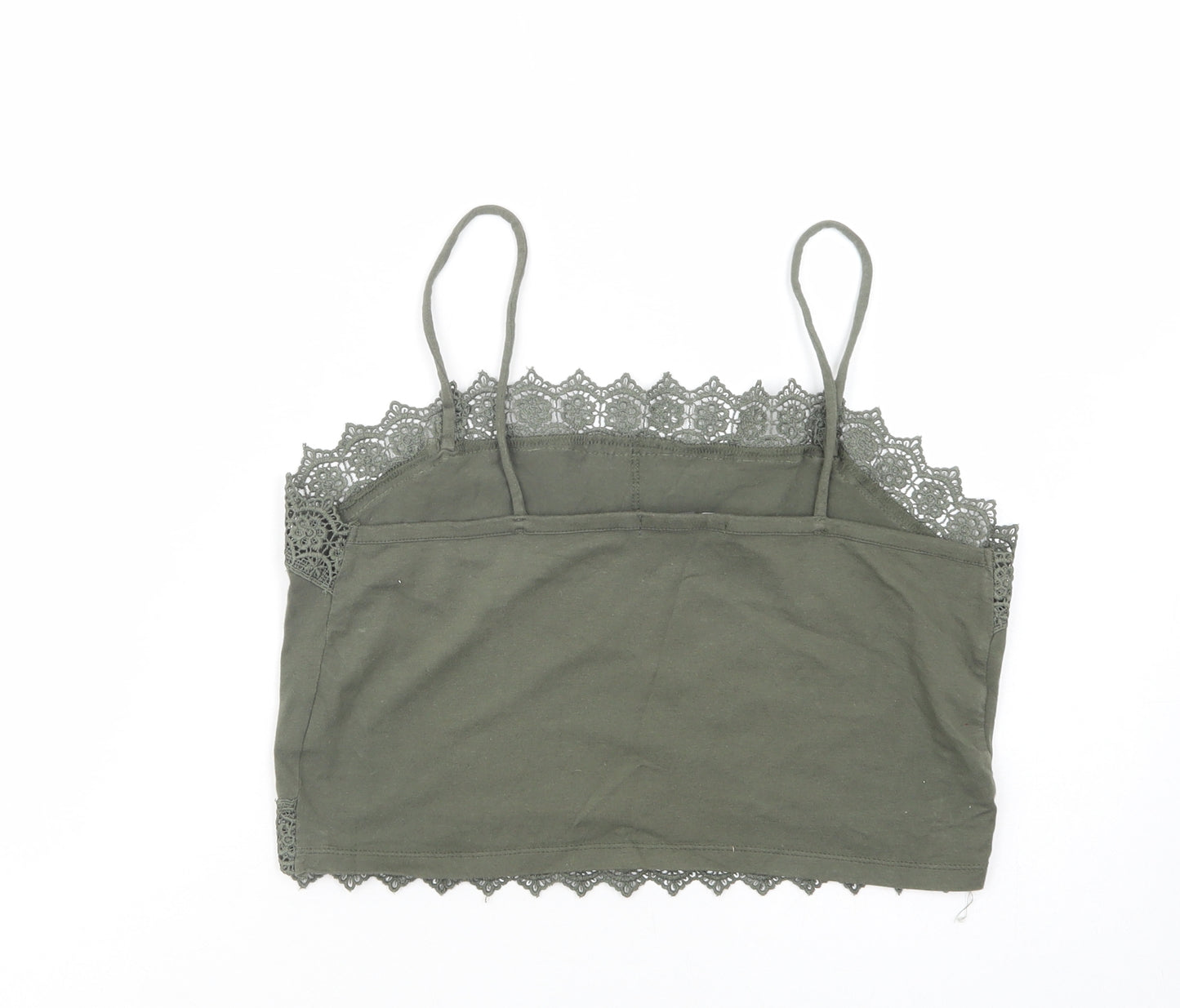 Primark Womens Green  Cotton Cropped Tank Size 12 Square Neck - Lace Detail