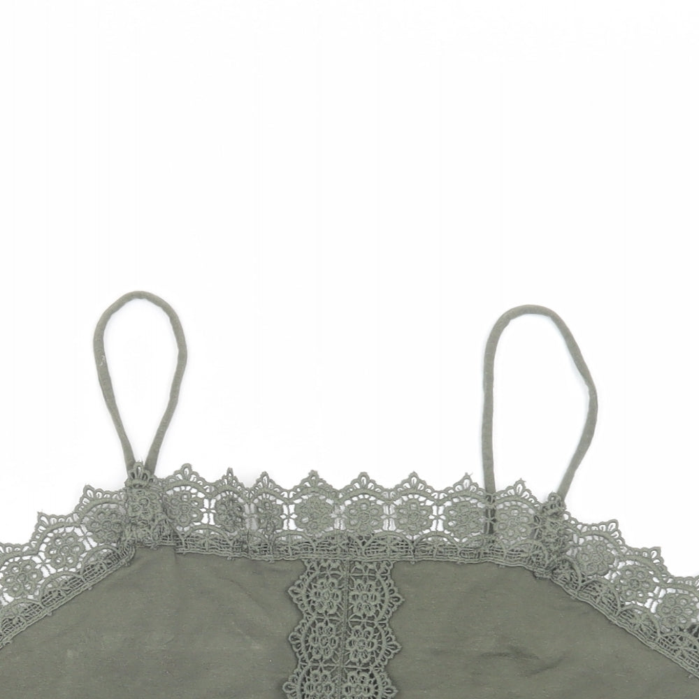 Primark Womens Green  Cotton Cropped Tank Size 12 Square Neck - Lace Detail