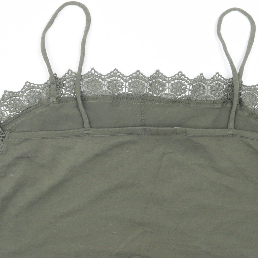Primark Womens Green  Cotton Cropped Tank Size 12 Square Neck - Lace Detail