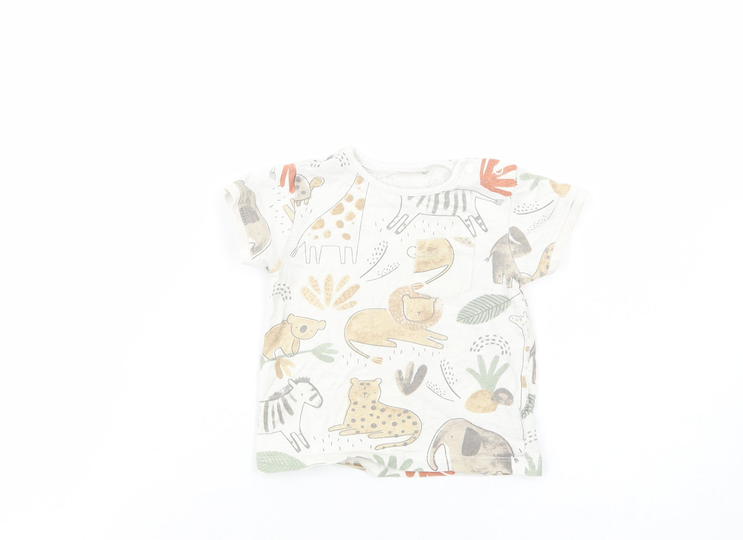 TU Baby White Geometric Cotton Camisole T-Shirt Size 9-12 Months Crew Neck Snap - Wild Aninmals Print