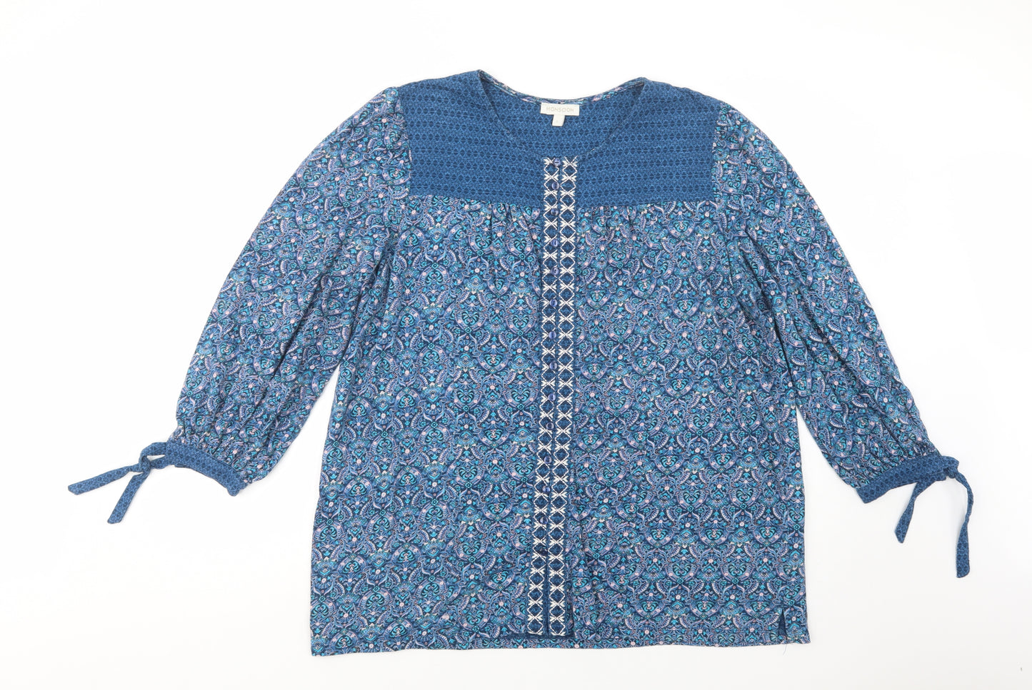 Monsoon Womens Blue Paisley Cotton Tunic Button-Up Size L Scoop Neck