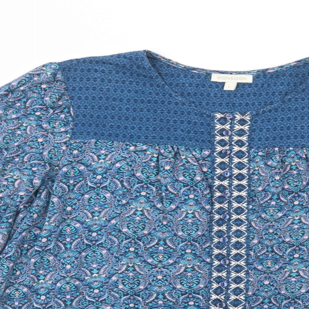 Monsoon Womens Blue Paisley Cotton Tunic Button-Up Size L Scoop Neck