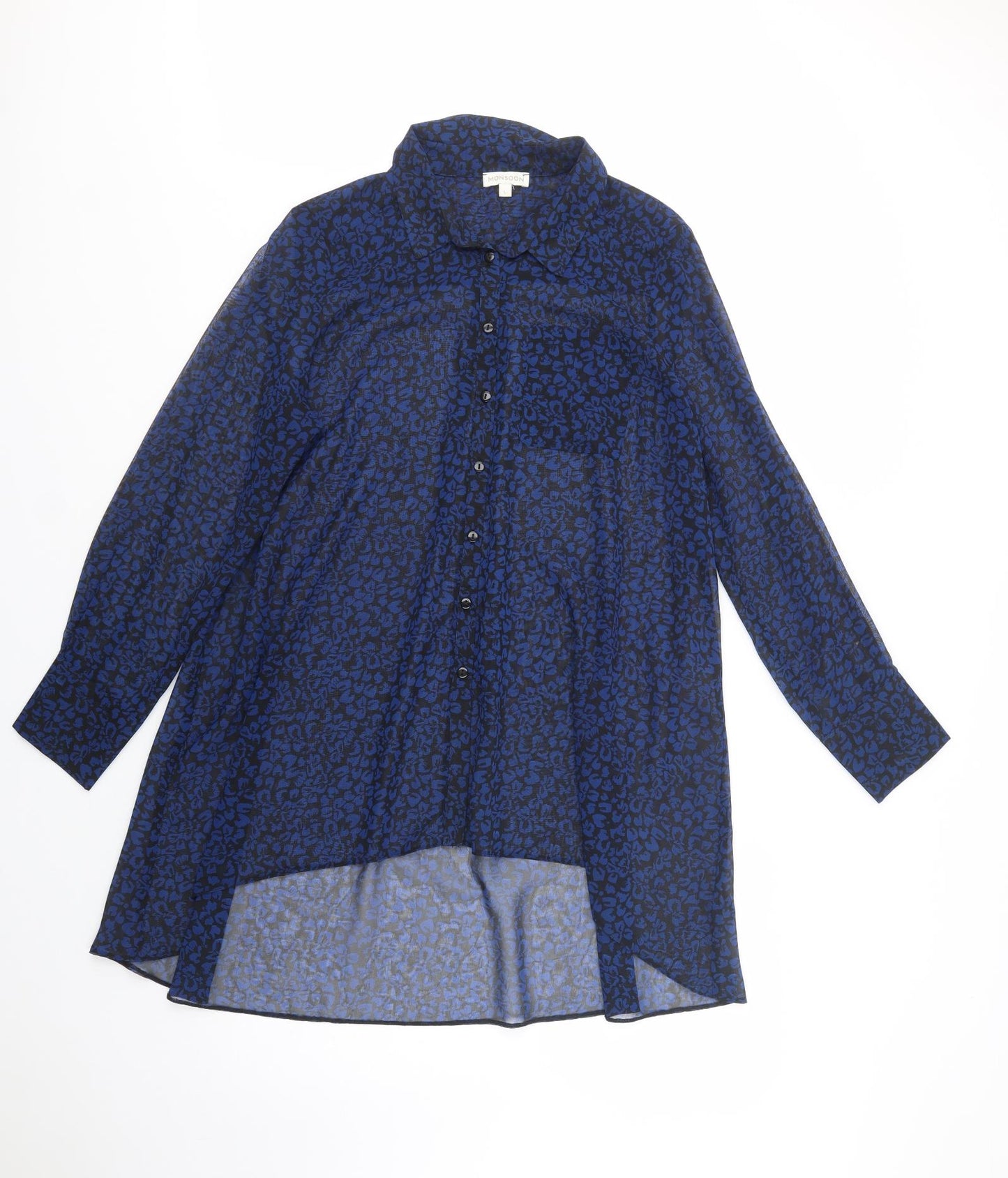 Monsoon Womens Black Animal Print Polyester Tunic Button-Up Size L Collared