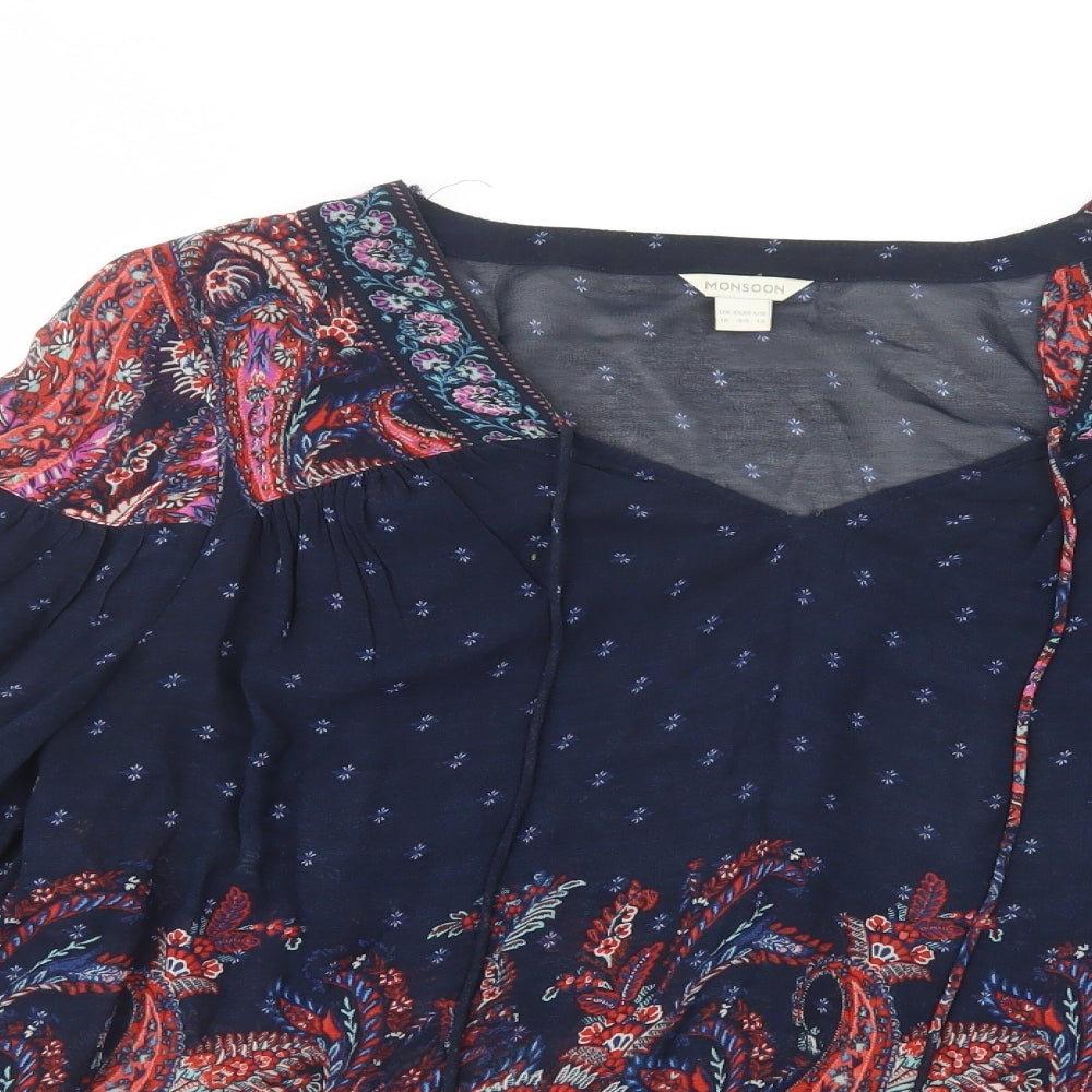 Monsoon Womens Blue Paisley Viscose Basic Blouse Size 16 V-Neck