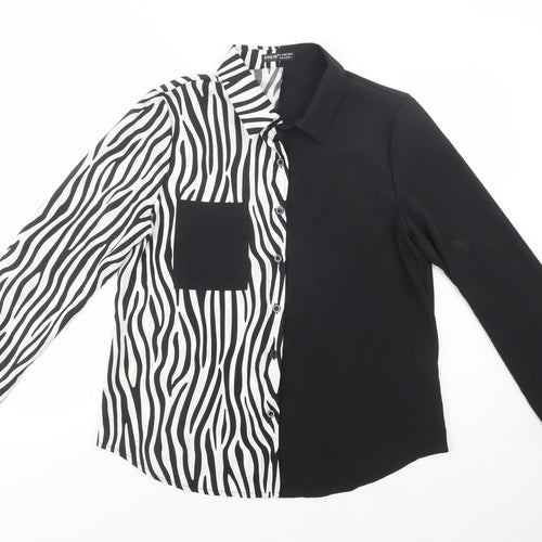 SheIn Womens Black Animal Print Polyester Basic Button-Up Size L Collared