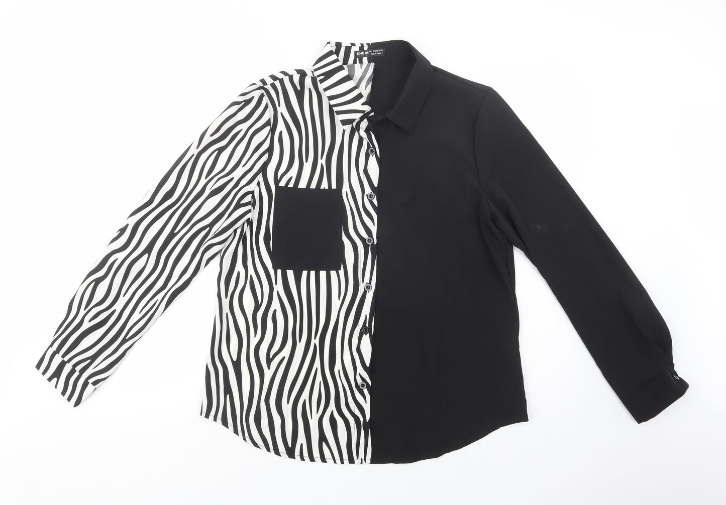 SheIn Womens Black Animal Print Polyester Basic Button-Up Size L Collared