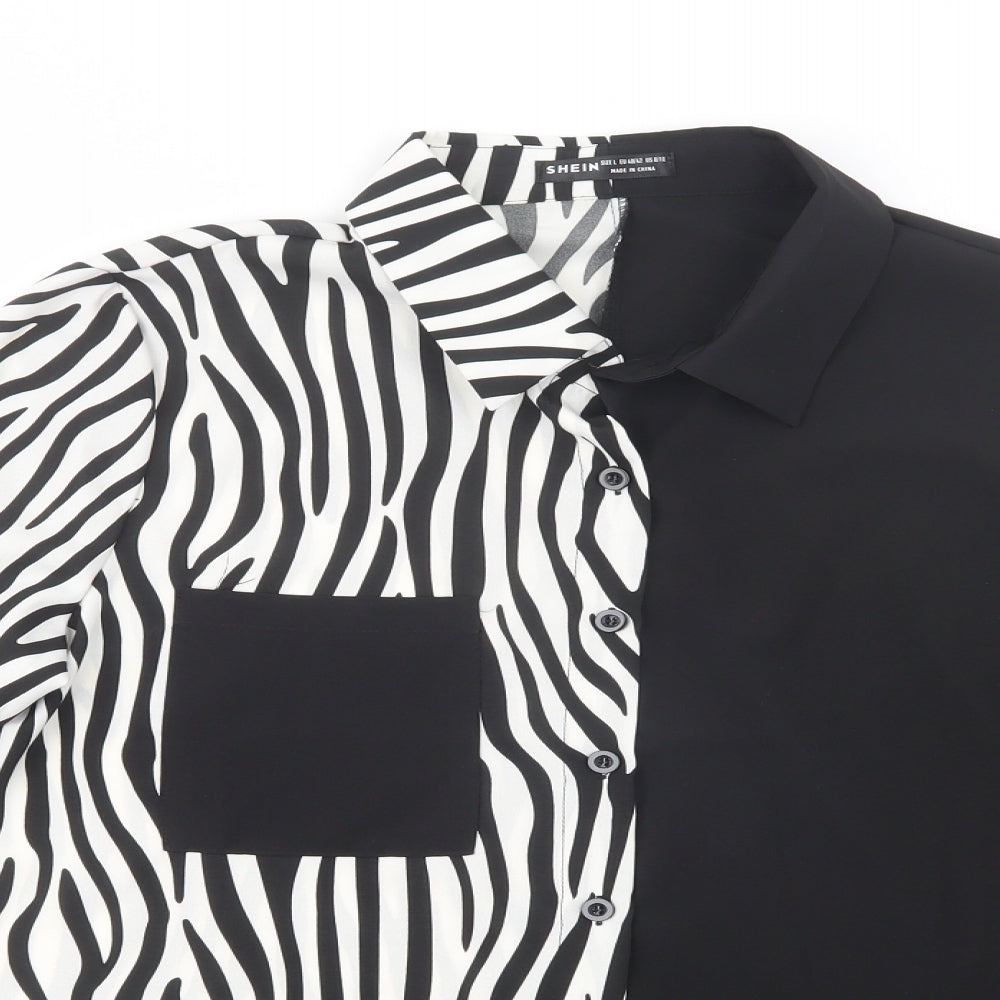 SheIn Womens Black Animal Print Polyester Basic Button-Up Size L Collared
