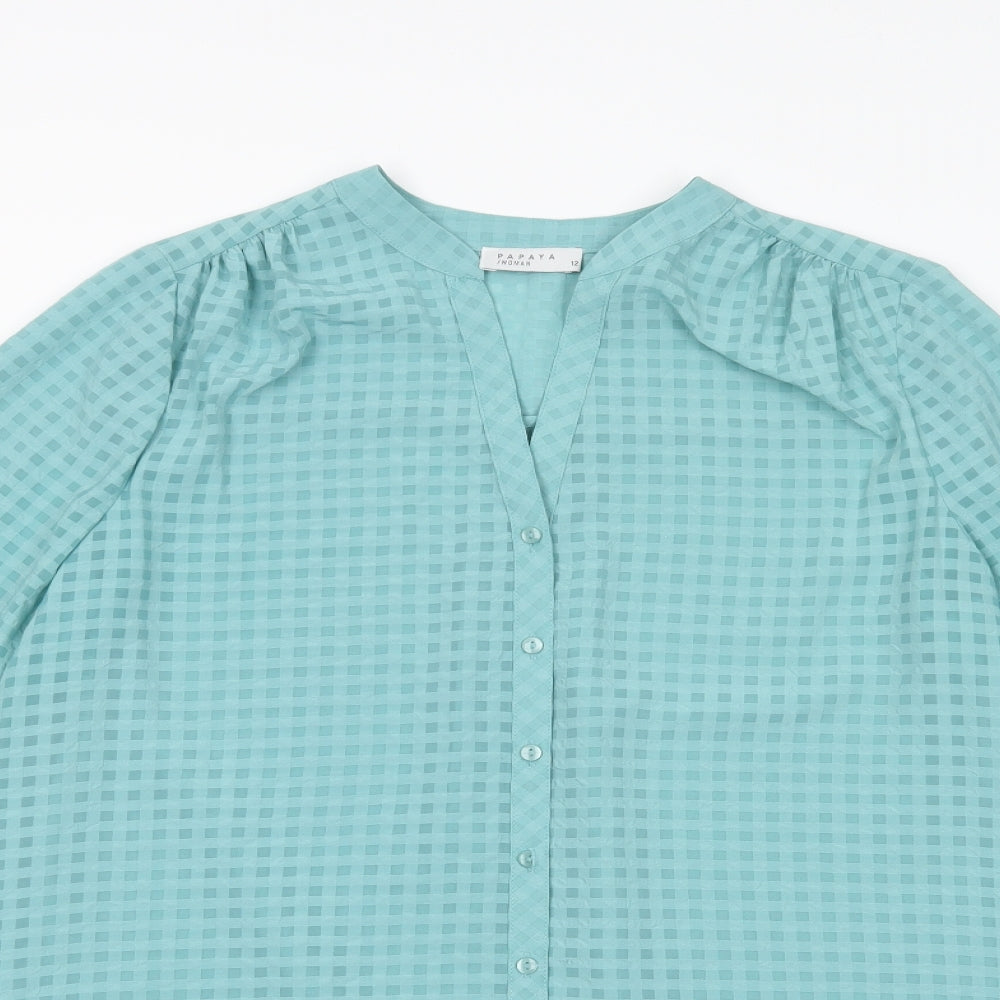 Papaya Womens Green Check Polyester Tunic Blouse Size 12 V-Neck