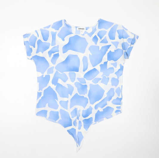 Front view of Gerard women’s blue geometric viscose basic blouse, size UK 14, crew neck