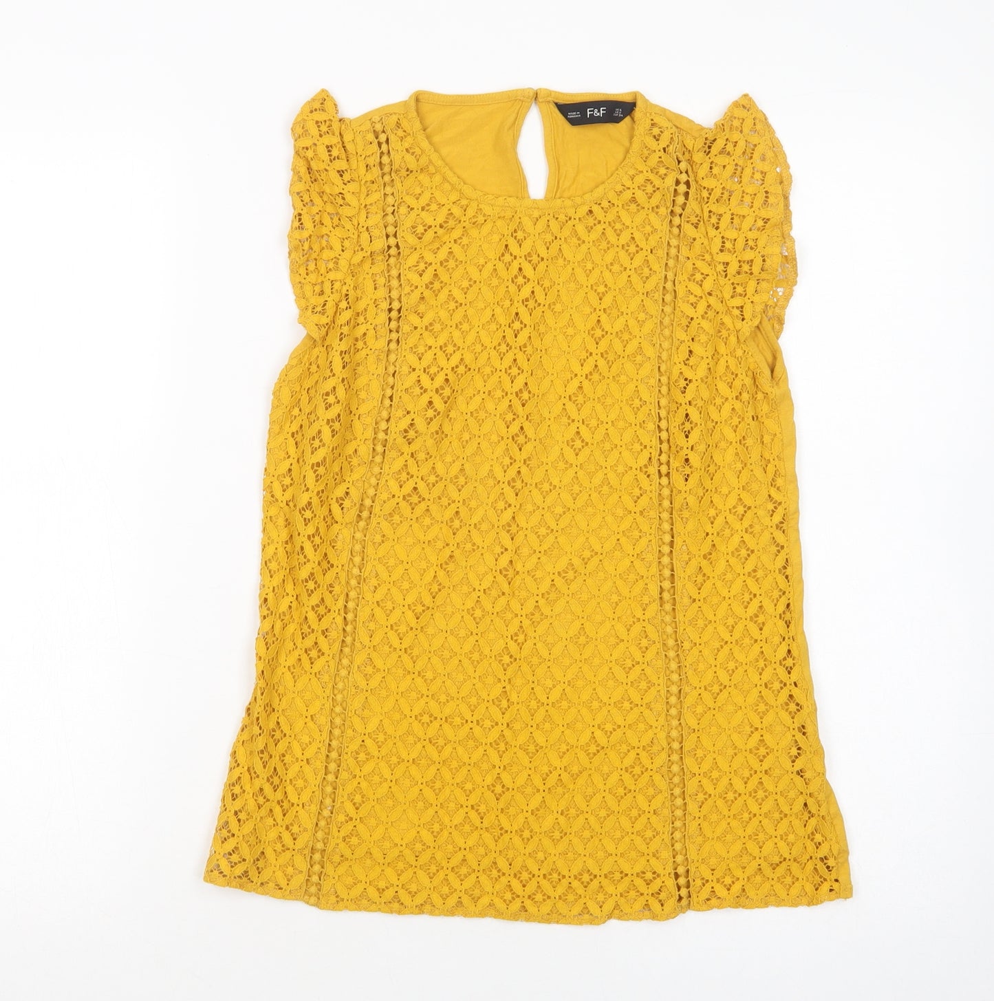 F&F Womens Yellow  Cotton Basic Blouse Size 6 Crew Neck - Lace Overlay
