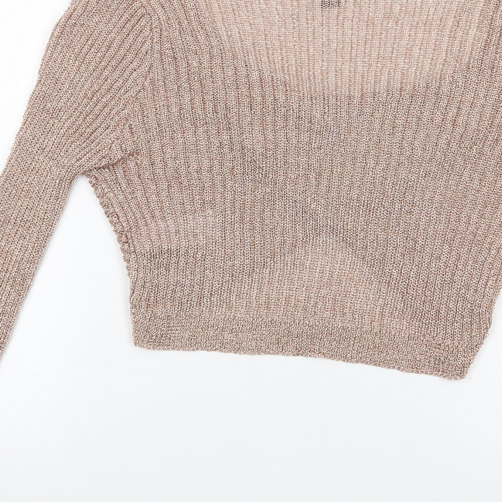New Look Womens Gold V-Neck  Polyester Pullover Jumper Size M   - Cropped
