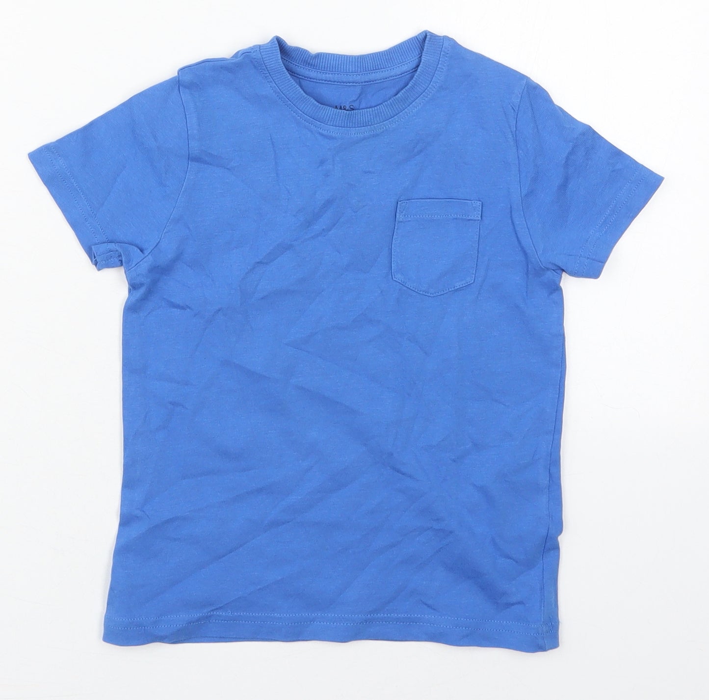 Marks and Spencer Boys Blue  Cotton Basic T-Shirt Size 4-5 Years Crew Neck Pullover - Chest Pocket